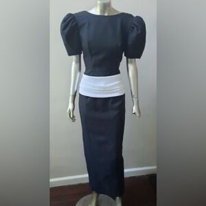 Vintage 80s Black White Puff Sleeve Column Maxi Dress Open Back Prom Goth Formal
